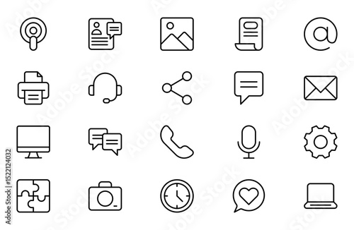 Media outline Icon Set. A sleek and modern collection of icons designed for the media industry, perfect for enhancing news platforms, entertainment apps, and digital marketing materials.