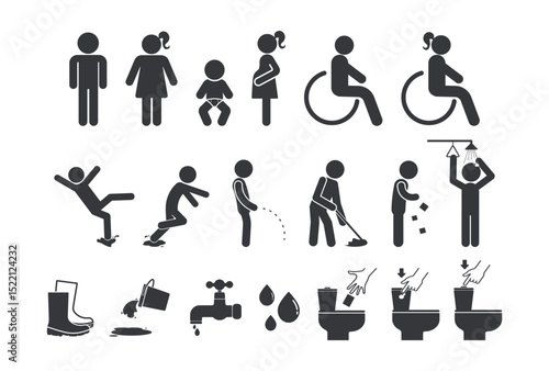 Bundle set of restroom safety icons for men, women, baby changing, pregnancy, and accessibility, designed for public signage and facility labeling.