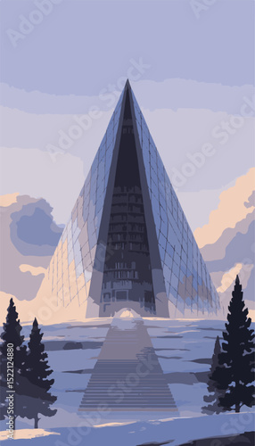 Ancient pyramids piercing the clouds and towering over a snowy mountain landscape, a breathtaking view of nature's architecture