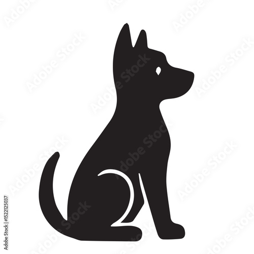 Minimalist vector silhouette of a dog sitting calmly, using clean black shapes and simple lines to convey peacefulness and quiet presence with elegance.

