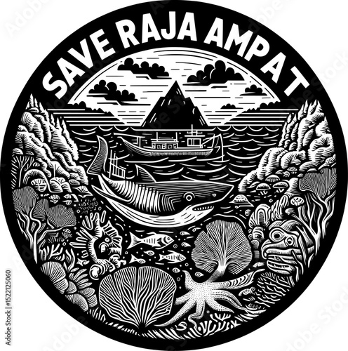 Linocut black and white vector with "save raja ampat", marine life vs nickel mine, bold contrast.