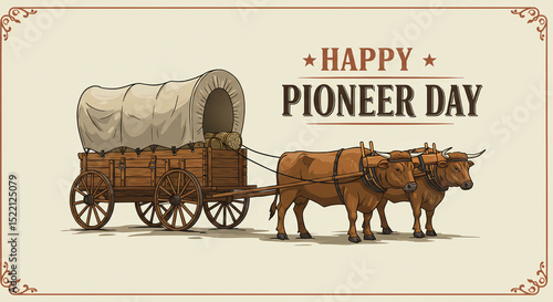 Vintage Pioneer Day Illustration with Ox-Drawn Covered Wagon in Western Style