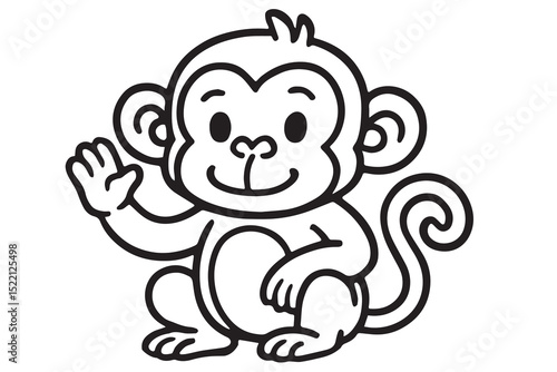 Vector doodle of a monkey using minimalist black and white design, drawn with bold black outlines and a charming, simplified body shape.


