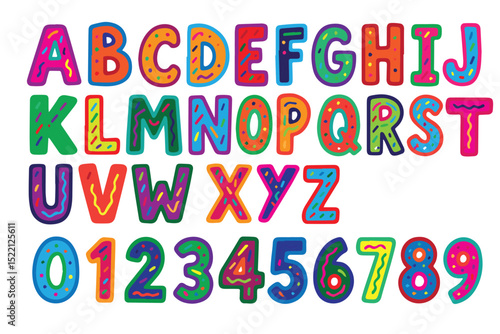 Vector background doodle showing colorful letters A-Z and numbers 0-9, using simple shapes and bright tones to attract young learners’ attention.

