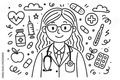 A female doctor vector doodle in black and white, featuring clean black outlines and minimal details, highlighting a calm and confident medical professional.

