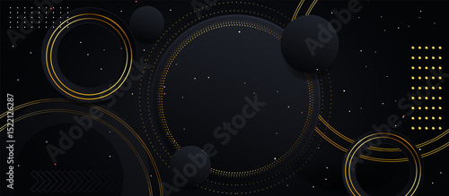 Dark Abstract Background with Layered Overlapping Circles and Floating Spheres, Featuring Thin Gold Outlines, Dotted Accents, and a Deep Dimensional Effect for a Sophisticated Modern Aesthetic