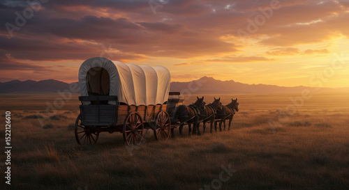 Sunset on the American Frontier with Horse-Drawn Covered Wagon – Pioneer Day Concept