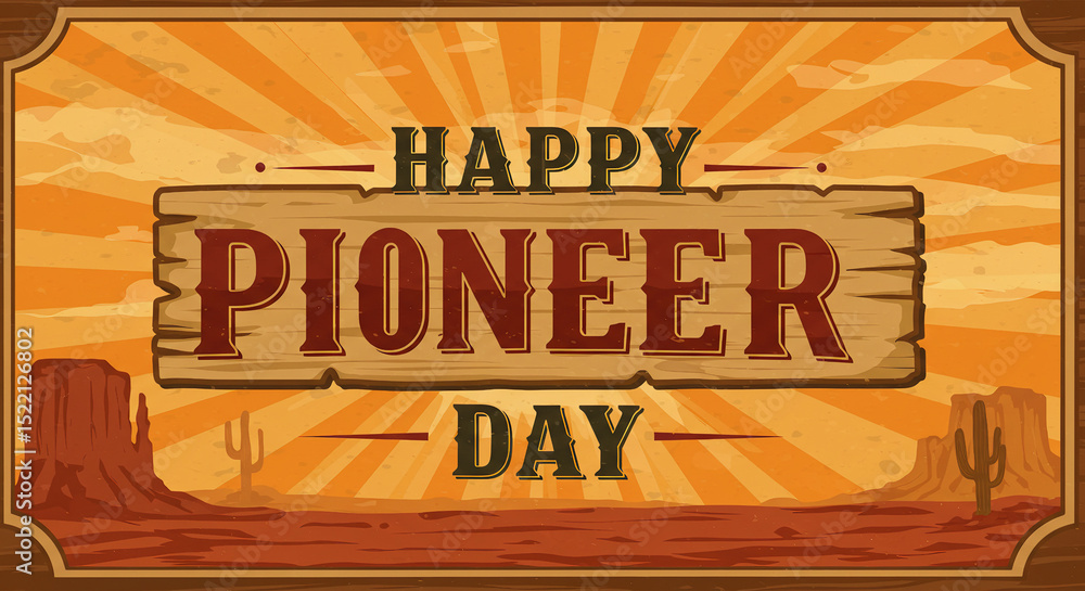 Fototapeta premium Happy Pioneer Day Vintage Western Banner with Wooden Texture and Covered Wagon