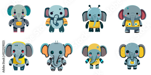 Multiple vector illustrations cute elephant robot


