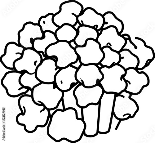 Simple Monochrome Line Drawing of a Popcorn Bucket Full of Fluffy Kernels on White