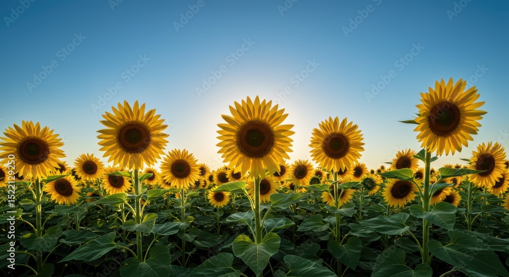 Obraz premium Golden Horizon The Bountiful Field of Sunflowers Stretching Towards the Sky on a Bright Sunny Day with Blue Sky Overhead