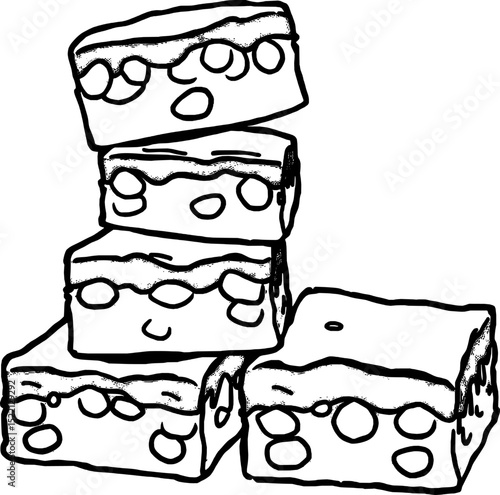 Stacked Browned Butter Fudge Squares with Creamy Icing Decoration Against White Background