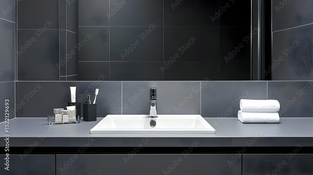 Fototapeta premium Modern Gray Bathroom Vanity With White Sink