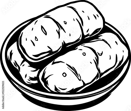 Pierogi Dumplings Served On A Plate In A Clean Black And White Food Illustration Style