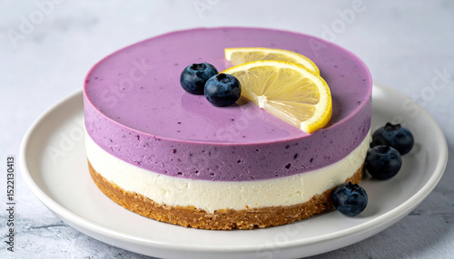 No bake blueberry cheesecake with creamy white layers and glossy purple top, garnished with lemon slices and blueberries