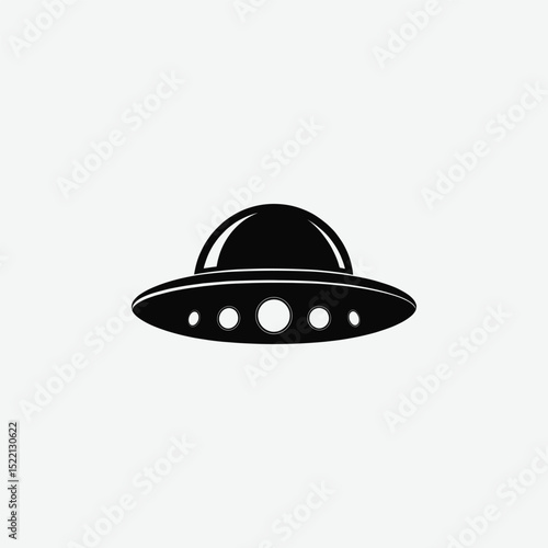 Explore a minimalist black silhouette of a classic disc-shaped flying saucer (UFO) in a clean, front-view style. Featuring a flat, symmetrical design with simple rounded shapes on a white background. 