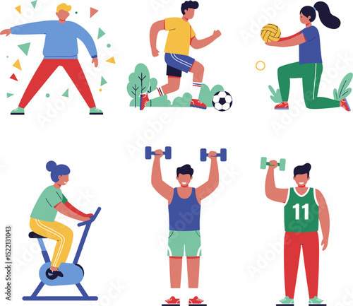 Cartoon flat design vector illustration set of diverse exercise and workout