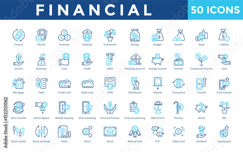 Financial icons set with finance, money, currency, banking, investment, savings, budget, wealth, asset, liability icon. Simple outline color vector 
