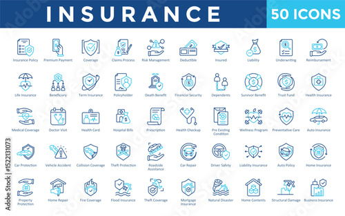 Insurance icons set with insurance policy, premium payment, coverage, claims process, risk management, deductible, insured, liability, underwriting, reimbursement icon. Simple outline color vector 
