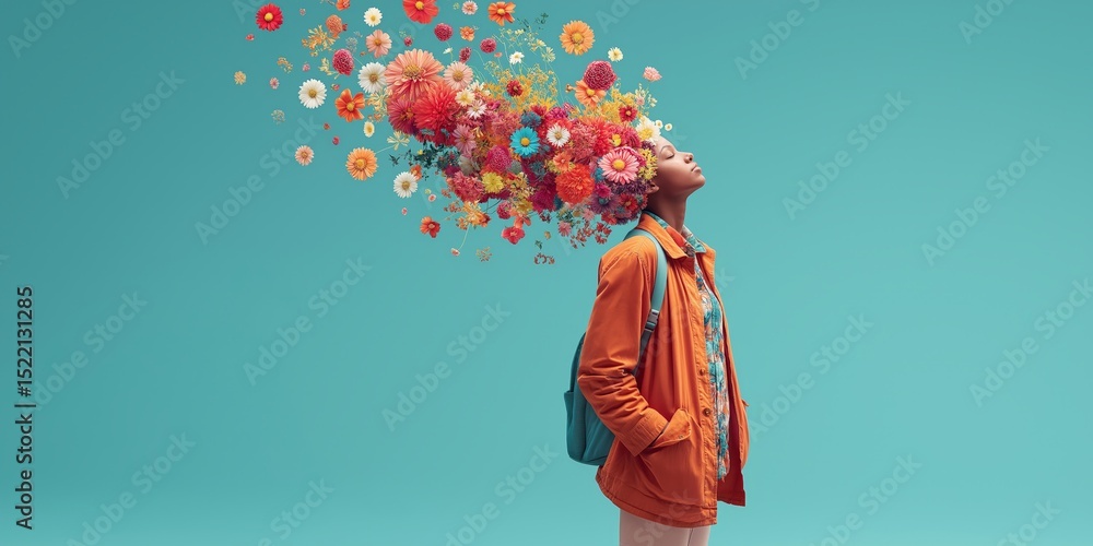 Fototapeta premium Neuroplasticity learning concept. Creative portrait of a person with floral thoughts above head.