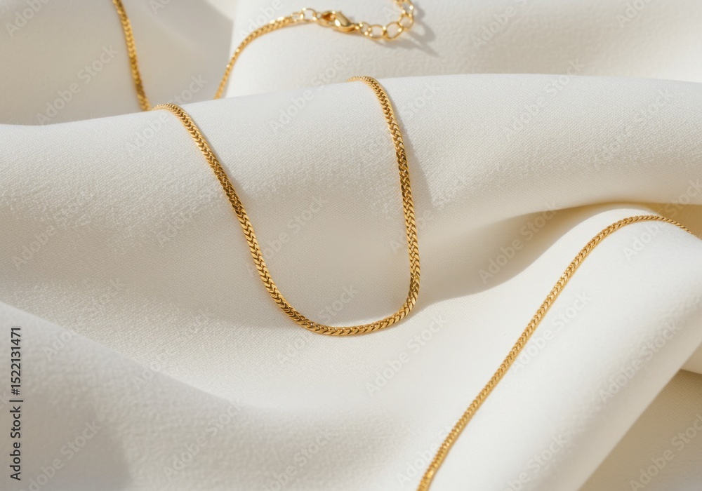 Fototapeta premium Elegant gold franco chain necklace on white fabric