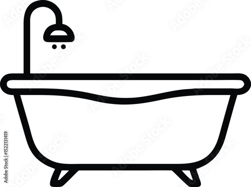 Black and white bathtub with faucet icon isolated on white background