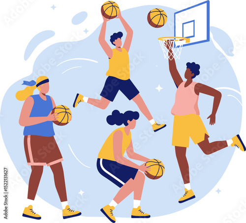 Basketball player flat vector illustrations capture the dynamic sport of people, depicting athletes in various activities like running and playing with a ball