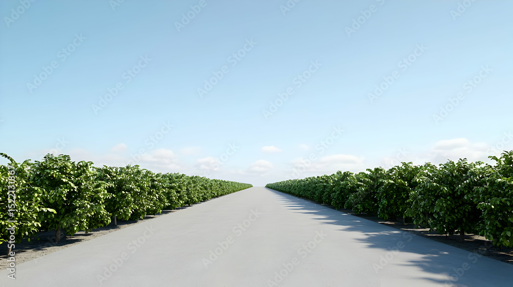 Fototapeta premium Empty Road Through Rows Of Green Plants On A Sunny Day