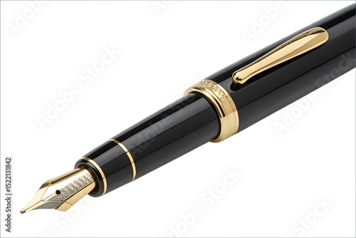 Elegant Black Fountain Pen with Gold Trim on White Background