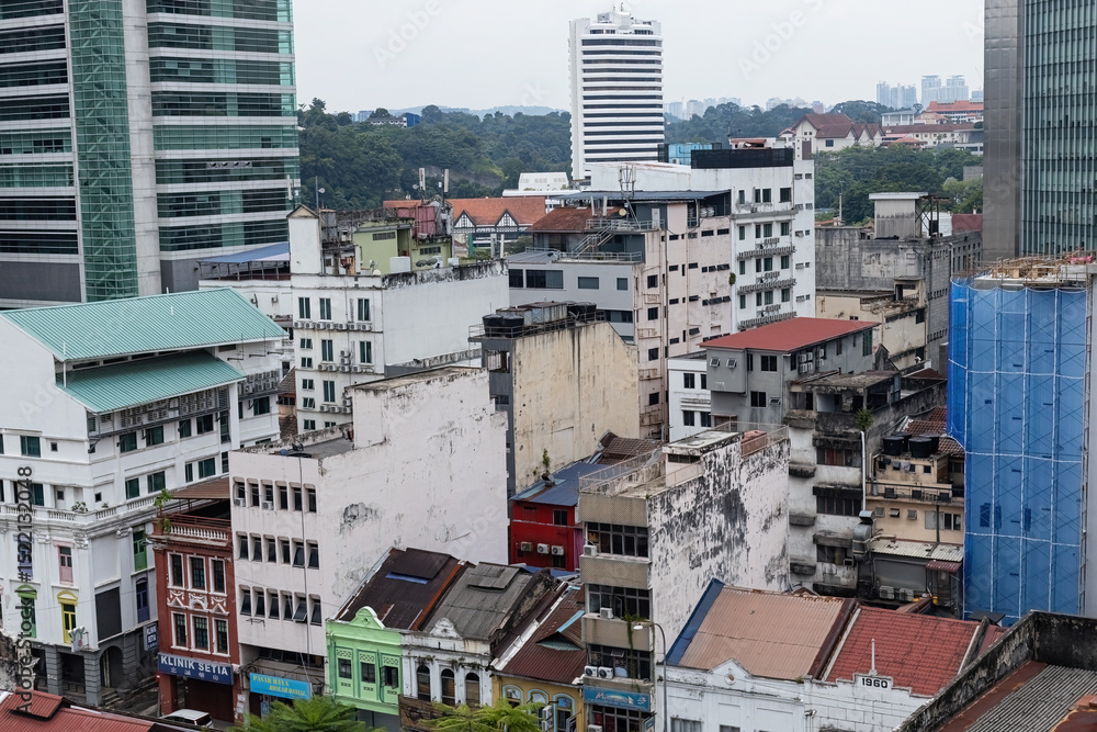 Naklejka premium Residential old buldings aerial view in the center of Kuala Lumpur Malaysia