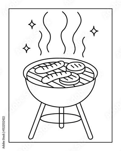 Grill BBQ Coloring Page with Sausages and Steam