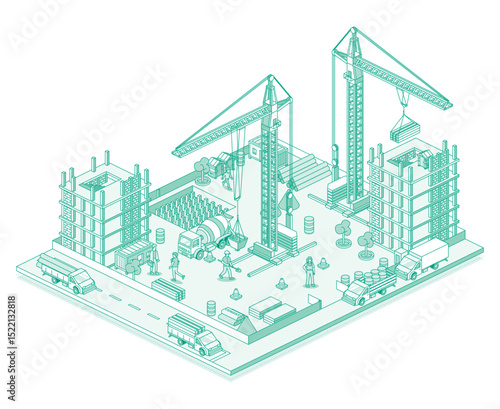 Active construction site with cranes, workers, builders and skyscrapers under development. Process of building. Line art style. Isometric view of a monolithic frame building.