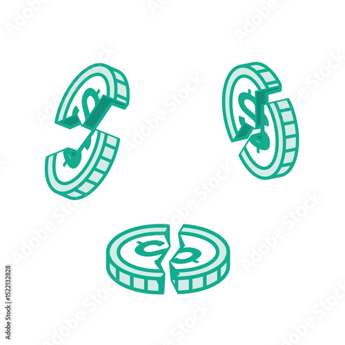 Set of cracked dollar coins. Isometric illustration in outline style. Symbol of economic crash, financial crisis, and currency instability.