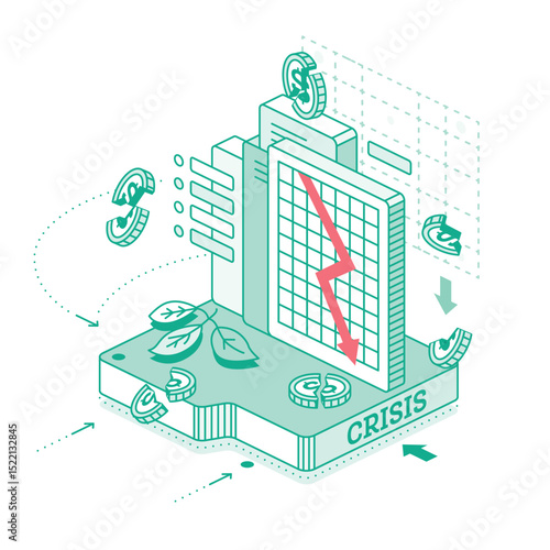 Economic crisis. Isometric outline concept. Falling red arrow on graph. Broken dollar coins, a falling chart, the inscription CRISIS and loss symbols. Collapse of the economy.