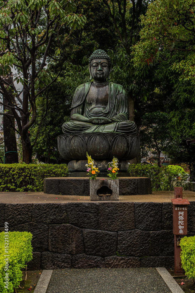 Bronze Buddha Statue Surrounded by Green Trees in Japanese Garden Bronze Buddha Statue Surrounded by Green Trees in Japanese Garden