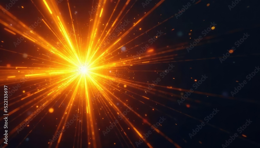 Vibrant starburst of yellow light exploding outwards against a dark background , beams, bright light, flare Vibrant starburst of yellow light exploding outwards against a dark background , beams, bright light, flare