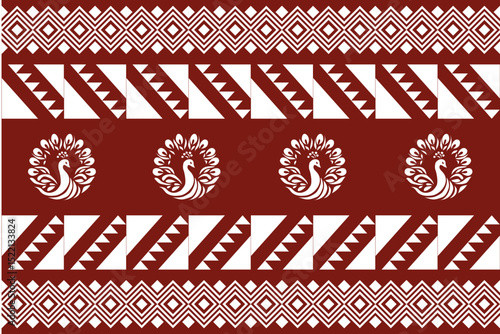 Geometric tribal pattern with peacocks in maroon and white tones. Symmetrical and folk-inspired, reflecting traditional Thai or Lanna art style. Ideal for textile design, wallpapers, cultural decora