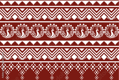 Geometric tribal pattern with peacocks in maroon and white tones. Symmetrical and folk-inspired, reflecting traditional Thai or Lanna art style. Ideal for textile design, wallpapers, cultural decora