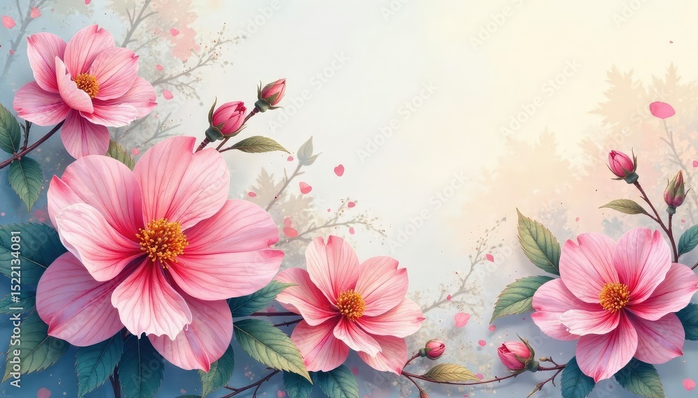 Fototapeta premium Delicate watercolor style, continuous blooming flowers , floral illustration, flowers