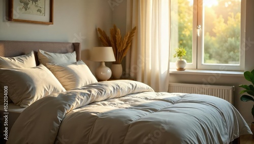 Wallpaper Mural Cozy bedroom, soft sunlight streaming through window, highlighting plush comforter and pillows on a comfortable bed Perfect for relaxation and a peaceful morning , morning, bright, relaxation Torontodigital.ca