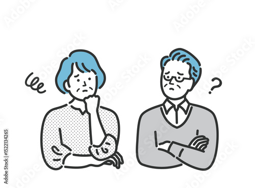 悩んでいるシニア夫婦の上半身イラスト
