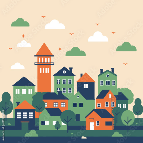 Flat vector illustration set of urban city town architecture with cartoon houses and buildings