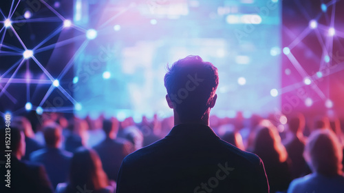 Audience engagement at technology conference virtual event digital innovation futuristic ambiance perspective of attendee