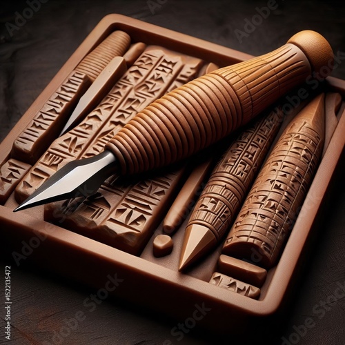 Scribe’s cuneiform into clay tablets