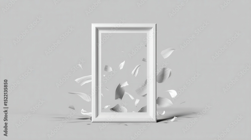 Naklejka premium Abstract White Frame Surrounded by Dynamic Shards on Gray Background