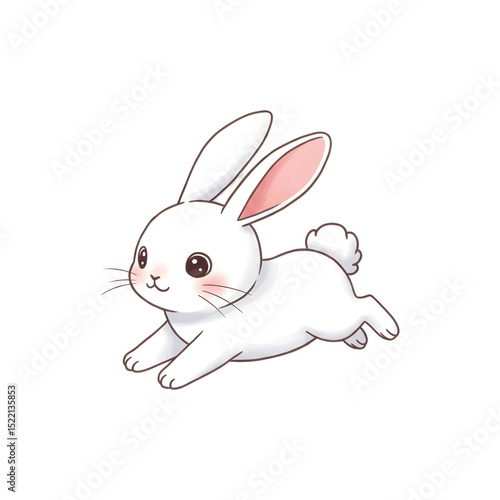 White cartoon bunny rabbit mid-hop with floppy ears and a cute face