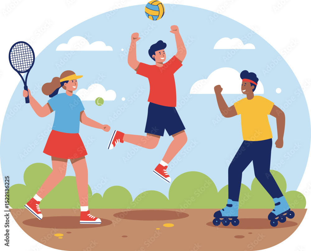 Cartoon vector illustration of adults playing sports, featuring a boy and girl playing volley and a tennis player with a ball Cartoon vector illustration of adults playing sports, featuring a boy and girl playing volley and a tennis player with a ball