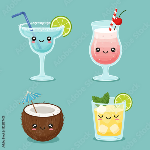 A vibrant set of fruit cocktails and cold alcoholic drinks in glasses with ice, perfect for a party or bar illustration