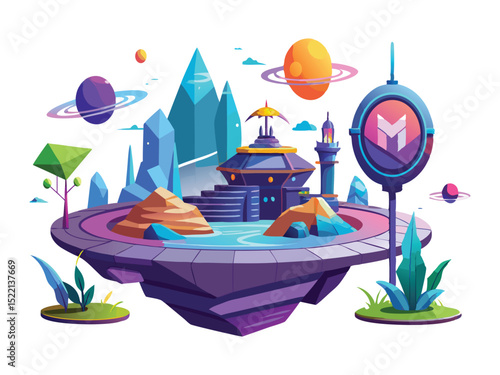 Futuristic island cityscape with floating structures isolated on white background
