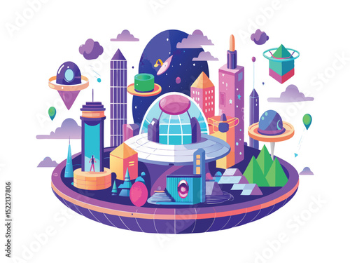 Futuristic cityscape on a flying island isolated on white background
